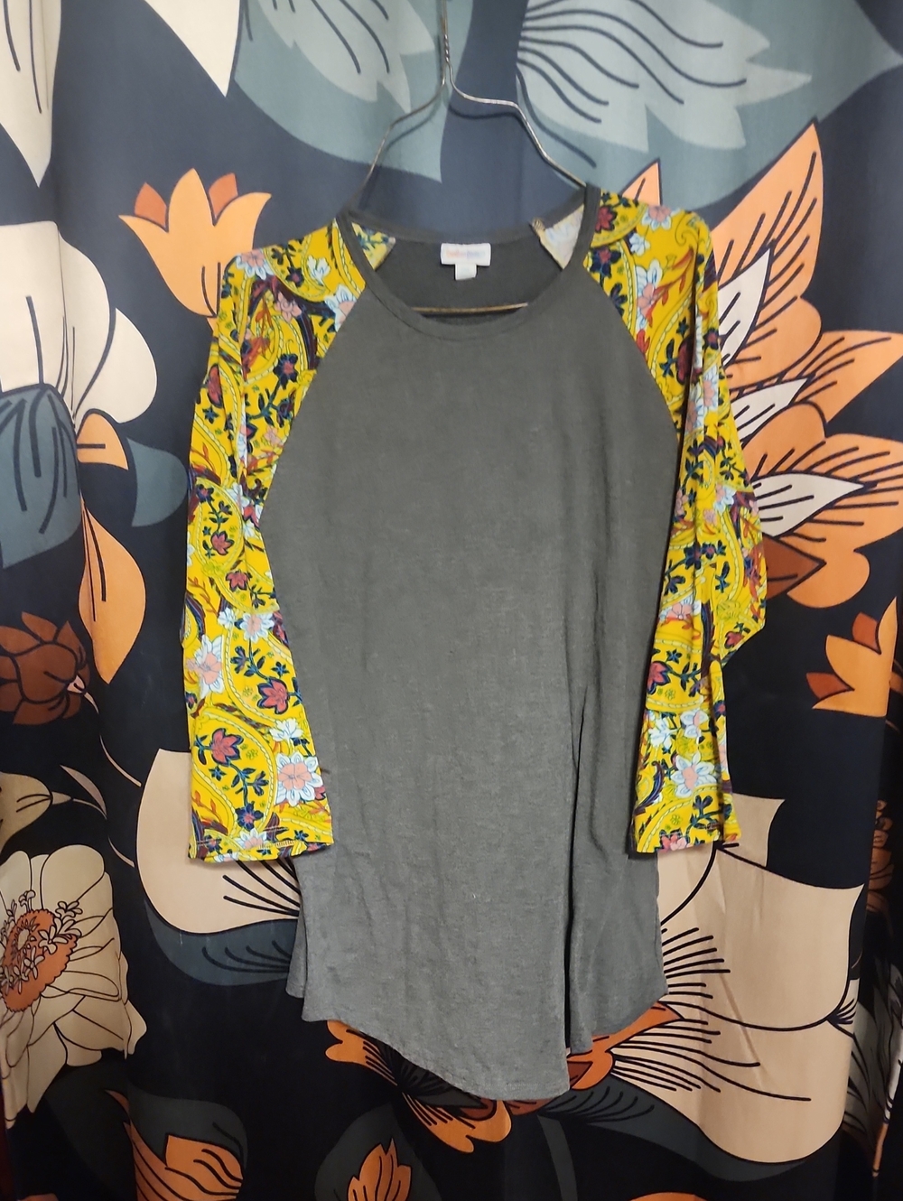 LuLaRoe Gray Raglan Top with Yellow Floral Sleeves